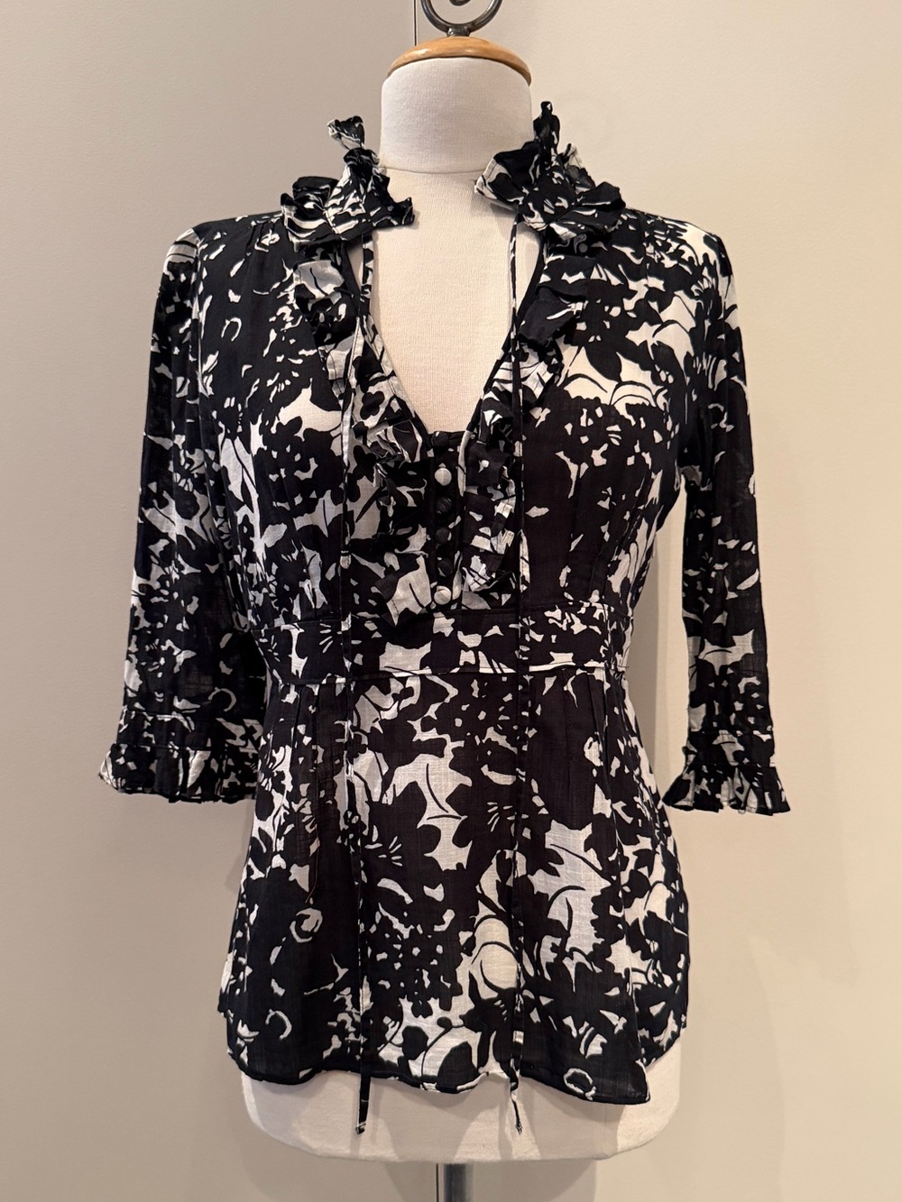 J. Crew Black and White Floral Ruffle V-Neck Blouse
